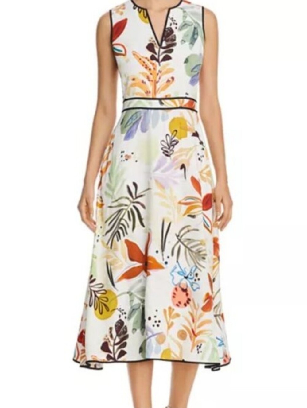 Lafayette 148 New York Cream Botanical Midi Dress with Orange & Green Accents
